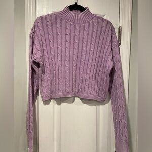 NWT No Comment Size S Purple Lilac Cotton Cable Knit Mock Neck Cropped Sweater